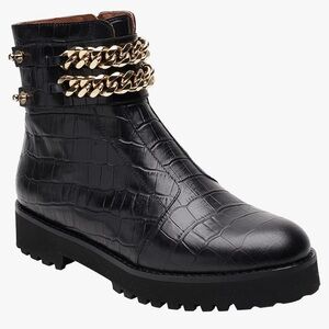 André Assous BLACK CROCODILE TEXTURE GOLD CHAINS Petunia BOOTIES SIZE 9